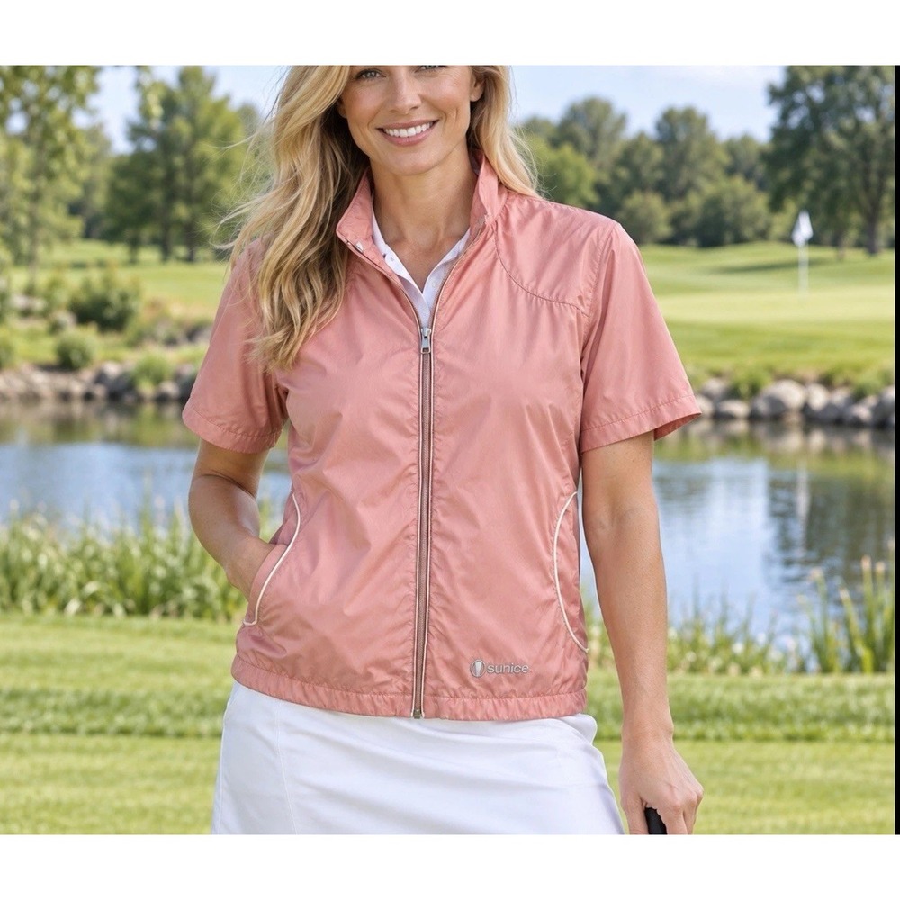 SUNICE Large women Windbreaker short Sleeve Waterproof Nylon Pink Golf Full Zip